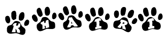The image shows a series of animal paw prints arranged in a horizontal line. Each paw print contains a letter, and together they spell out the word Khairi.
