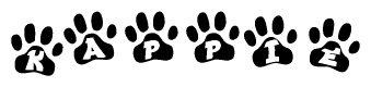 The image shows a series of animal paw prints arranged in a horizontal line. Each paw print contains a letter, and together they spell out the word Kappie.