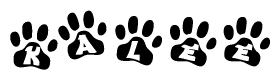 The image shows a series of animal paw prints arranged horizontally. Within each paw print, there's a letter; together they spell Kalee