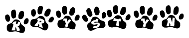 The image shows a series of animal paw prints arranged in a horizontal line. Each paw print contains a letter, and together they spell out the word Krystyn.
