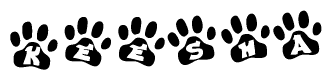 The image shows a row of animal paw prints, each containing a letter. The letters spell out the word Keesha within the paw prints.
