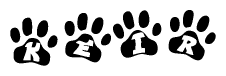 The image shows a series of animal paw prints arranged in a horizontal line. Each paw print contains a letter, and together they spell out the word Keir.