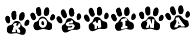 The image shows a series of animal paw prints arranged in a horizontal line. Each paw print contains a letter, and together they spell out the word Koshina.
