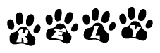 The image shows a series of animal paw prints arranged horizontally. Within each paw print, there's a letter; together they spell Kely