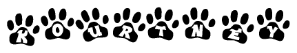 The image shows a row of animal paw prints, each containing a letter. The letters spell out the word Kourtney within the paw prints.
