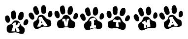 The image shows a series of animal paw prints arranged in a horizontal line. Each paw print contains a letter, and together they spell out the word Kavitha.