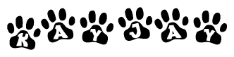 The image shows a row of animal paw prints, each containing a letter. The letters spell out the word Kayjay within the paw prints.