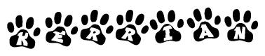 The image shows a series of animal paw prints arranged in a horizontal line. Each paw print contains a letter, and together they spell out the word Kerrian.