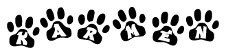 The image shows a series of animal paw prints arranged horizontally. Within each paw print, there's a letter; together they spell Karmen