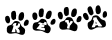 The image shows a series of animal paw prints arranged in a horizontal line. Each paw print contains a letter, and together they spell out the word Keya.