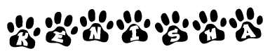 The image shows a row of animal paw prints, each containing a letter. The letters spell out the word Kenisha within the paw prints.