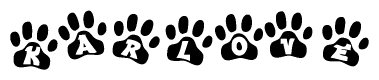 The image shows a row of animal paw prints, each containing a letter. The letters spell out the word Karlove within the paw prints.
