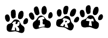 The image shows a series of animal paw prints arranged horizontally. Within each paw print, there's a letter; together they spell Kirt