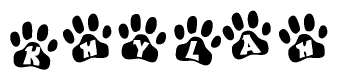 The image shows a series of animal paw prints arranged horizontally. Within each paw print, there's a letter; together they spell Khylah
