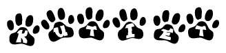 The image shows a series of animal paw prints arranged in a horizontal line. Each paw print contains a letter, and together they spell out the word Kutiet.