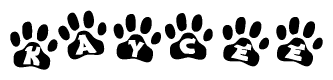 The image shows a row of animal paw prints, each containing a letter. The letters spell out the word Kaycee within the paw prints.