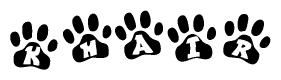 The image shows a series of animal paw prints arranged horizontally. Within each paw print, there's a letter; together they spell Khair