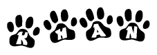The image shows a row of animal paw prints, each containing a letter. The letters spell out the word Khan within the paw prints.