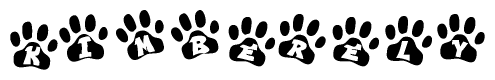 The image shows a series of animal paw prints arranged in a horizontal line. Each paw print contains a letter, and together they spell out the word Kimberely.