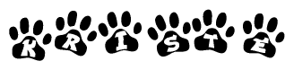 The image shows a row of animal paw prints, each containing a letter. The letters spell out the word Kriste within the paw prints.