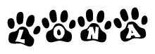 The image shows a series of animal paw prints arranged horizontally. Within each paw print, there's a letter; together they spell Lona