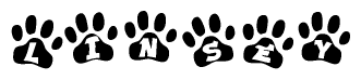The image shows a row of animal paw prints, each containing a letter. The letters spell out the word Linsey within the paw prints.