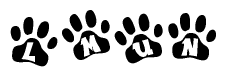 The image shows a series of animal paw prints arranged in a horizontal line. Each paw print contains a letter, and together they spell out the word Lmun.