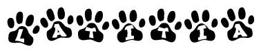 The image shows a series of animal paw prints arranged horizontally. Within each paw print, there's a letter; together they spell Latitia