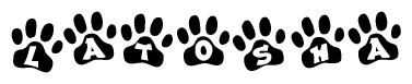 The image shows a series of animal paw prints arranged horizontally. Within each paw print, there's a letter; together they spell Latosha