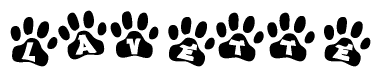 The image shows a row of animal paw prints, each containing a letter. The letters spell out the word Lavette within the paw prints.