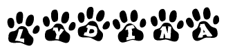 The image shows a row of animal paw prints, each containing a letter. The letters spell out the word Lydina within the paw prints.