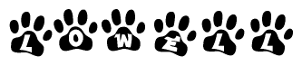 The image shows a series of animal paw prints arranged in a horizontal line. Each paw print contains a letter, and together they spell out the word Lowell.