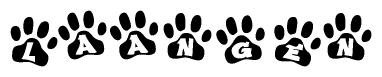 The image shows a series of animal paw prints arranged horizontally. Within each paw print, there's a letter; together they spell Laangen