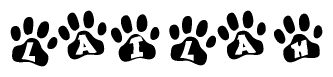 The image shows a row of animal paw prints, each containing a letter. The letters spell out the word Lailah within the paw prints.
