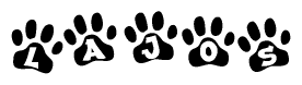 The image shows a series of animal paw prints arranged in a horizontal line. Each paw print contains a letter, and together they spell out the word Lajos.