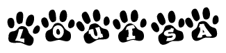 The image shows a series of animal paw prints arranged in a horizontal line. Each paw print contains a letter, and together they spell out the word Louisa.