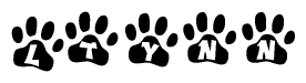 The image shows a series of animal paw prints arranged horizontally. Within each paw print, there's a letter; together they spell Ltynn