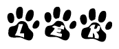 The image shows a row of animal paw prints, each containing a letter. The letters spell out the word Lek within the paw prints.