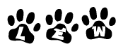 The image shows a series of animal paw prints arranged horizontally. Within each paw print, there's a letter; together they spell Lew