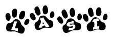 The image shows a series of animal paw prints arranged in a horizontal line. Each paw print contains a letter, and together they spell out the word Lasi.