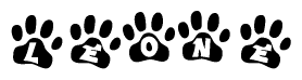 The image shows a row of animal paw prints, each containing a letter. The letters spell out the word Leone within the paw prints.