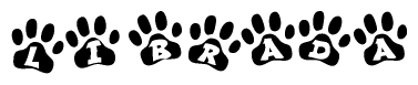 The image shows a series of animal paw prints arranged in a horizontal line. Each paw print contains a letter, and together they spell out the word Librada.
