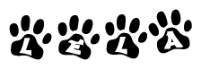 The image shows a series of animal paw prints arranged horizontally. Within each paw print, there's a letter; together they spell Lela