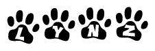 The image shows a row of animal paw prints, each containing a letter. The letters spell out the word Lynz within the paw prints.
