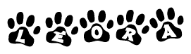 The image shows a series of animal paw prints arranged horizontally. Within each paw print, there's a letter; together they spell Leora