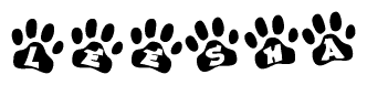 The image shows a series of animal paw prints arranged horizontally. Within each paw print, there's a letter; together they spell Leesha