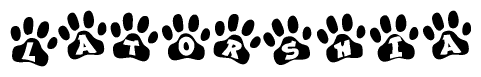 The image shows a series of animal paw prints arranged horizontally. Within each paw print, there's a letter; together they spell Latorshia