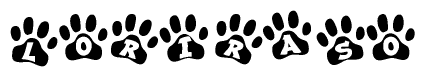 The image shows a row of animal paw prints, each containing a letter. The letters spell out the word Loriraso within the paw prints.