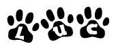 The image shows a series of animal paw prints arranged in a horizontal line. Each paw print contains a letter, and together they spell out the word Luc.