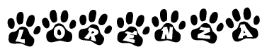 The image shows a series of animal paw prints arranged in a horizontal line. Each paw print contains a letter, and together they spell out the word Lorenza.